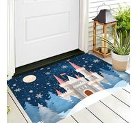 Tappetino Antiscivolo Blu Bianco Castello Al Chiaro Di Luna 3D,Benvenuto Interni Ed Esterni Tappeto Scenario Incantevole,Zerbino Per Porta D'Ingresso Camera Da Letto Soggiorno,90X150Cm