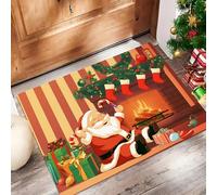 Tappetino Antiscivolo Lavabile Caminetto Babbo Natale Zerbino Trappola Sporco Stile Cartone Animato Zerbino d'Ingresso Assorbenti per Cane, Ingresso, Porta e Corridoio, 90x150 cm, Marrone Rossastro