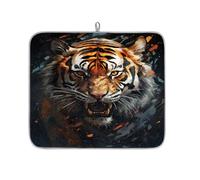 Tappetino assorbente per asciugare i piatti con tigre per pittura a olio, tappetino in microfibra reversibile con anello per appendere utensili in vetro, pentole, 40,6 x 45,7 cm