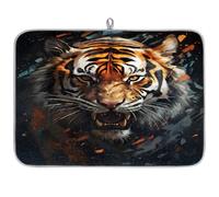 Tappetino assorbente per asciugare i piatti con tigre per pittura a olio, tappetino in microfibra reversibile per asciugare i piatti con anello per appendere utensili in vetro, pentole, 45,7 x 61 cm