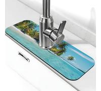 Tappetino assorbente per lavello per cucina e bagno, motivo: isole tropicali sulla spiaggia, oceano, palme, con immagine di palme, antiscivolo, lavabile, per bagno, 38 x 13 cm