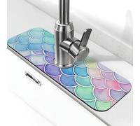 Tappetino assorbente per rubinetto per lavello da cucina, bagno, cucina, paraspruzzi, acquarello, squame di sirena, tappetino per rubinetto, 38 x 14 cm