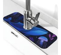 Tappetino assorbente per rubinetto per lavello da cucina, bagno e cucina, paraspruzzi blu profondo balena medusa tappetino per rubinetto 38 x 14 cm