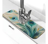 Tappetino assorbente per rubinetto per lavello da cucina, bagno e cucina, paraspruzzi con texture piuma di pavone, tappetino per rubinetto, 38 x 14 cm