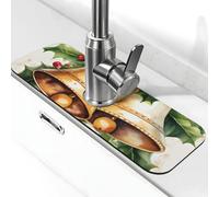 Tappetino assorbente per rubinetto per lavello da cucina, bagno lavello da cucina, paraspruzzi tappetino per rubinetto con stampa natalizia con campana dorata 38 x 14 cm