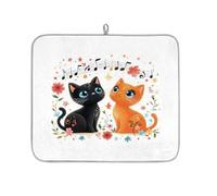 Tappetino assorbente per scolapiatti a forma di gatto con note musicali vintage, per bancone della cucina, tappetino in microfibra reversibile con anello per appendere utensili in vetro, pentole, 40,6