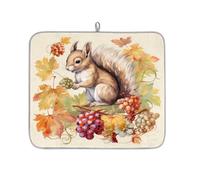 Tappetino assorbente per scolapiatti autunnale in acero e scoiattolo d'uva, per bancone della cucina, tappetino in microfibra reversibile con anello per appendere utensili in vetro, pentole, 40,6 x