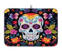 Tappetino assorbente per scolapiatti colorato con teschio di zucchero, per bancone della cucina, tappetino in microfibra reversibile con anello per appendere utensili in vetro, pentole, 45,7 x 61 cm