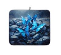 Tappetino assorbente per scolapiatti con farfalla blu e pittura a olio, per bancone della cucina, tappetino in microfibra reversibile con anello per appendere utensili in vetro, pentole, 40,6 x 45,7