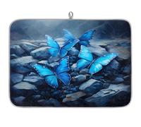 Tappetino assorbente per scolapiatti con farfalla blu e pittura a olio, per bancone della cucina, tappetino in microfibra reversibile con anello per appendere utensili in vetro, pentole, 45,7 x 61 cm
