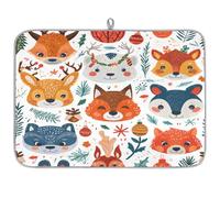 Tappetino assorbente per scolapiatti con foglie di animali della foresta dei cartoni animati per bancone della cucina, tappetino in microfibra reversibile con anello per appendere utensili in vetro