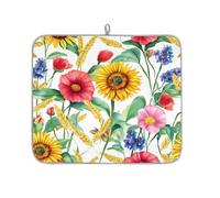 Tappetino assorbente per scolapiatti con girasoli, papaveri e fiordalisi, per bancone della cucina, tappetino in microfibra reversibile con anello per appendere utensili in vetro, pentole, 40,6 x 45,7
