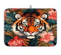 Tappetino assorbente per scolapiatti con palma tropicale e tigre floreale, per bancone della cucina, tappetino in microfibra reversibile con anello per appendere utensili in vetro, pentole, 45,7 x 61