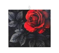Tappetino assorbente per scolapiatti con stampa di rose rosse e foglie nere per bancone della cucina, ad asciugatura rapida, antiscivolo e riutilizzabile