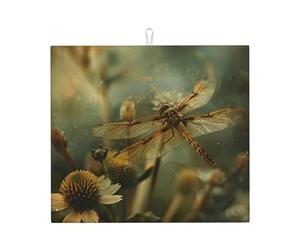 Tappetino assorbente per scolapiatti con stampa libellula e fiore per bancone della cucina, ad asciugatura rapida, antiscivolo, riutilizzabile