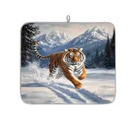 Tappetino assorbente per scolapiatti con tigre della foresta invernale, per bancone della cucina, in microfibra, reversibile, con anello per appenderlo, per bicchieri, utensili e pentole, 40,6 x 45,7