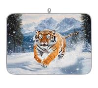 Tappetino assorbente per scolapiatti con tigre e montagne della foresta invernale, per bancone della cucina, tappetino in microfibra reversibile con anello per appendere utensili in vetro, pentole