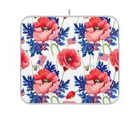 Tappetino assorbente per scolapiatti floreale con anello per appendere l'asciugatura con papaveri rossi opachi e foglie blu tappetini da cucina per piatti 40,6 x 45,7 cm