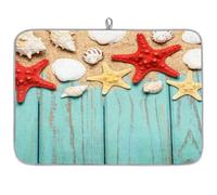 Tappetino assorbente per scolapiatti in legno estivo con stella marina e conchiglia, per bancone della cucina, tappetino in microfibra reversibile con anello per appendere utensili in vetro, pentole