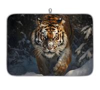Tappetino assorbente per scolapiatti invernale con tigre delle nevi per bancone della cucina, tappetino in microfibra reversibile con anello per appendere utensili in vetro, pentole, 45,7 x 61 cm
