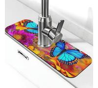 Tappetino colorato per rubinetto a forma di farfalla e fiore per lavello da cucina, paraspruzzi, 14 x 38 cm, diatomite, ad asciugatura rapida, vassoio per lavello super assorbente, con ventosa per
