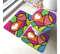Tappetino da bagno a forma di cuore Set di 3 pezzi Cuori d'amore colorati Strisce circolari Pois Tappetino da bagno Tappeto grande Coprisedile copriwater Tappetino antiscivolo Tappetino antiscivolo