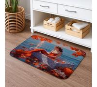 Tappetino da bagno autunnale a forma di sirena, ad asciugatura rapida, con foglie colorate, decorativo, antiscivolo, in flanella, lavabile, per bagno, WC, 40,6 x 61 cm