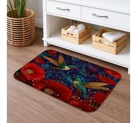 Tappetino da bagno con colibrì floreale, ad asciugatura rapida, motivo astratto con fiori rossi vivaci, antiscivolo, in memory foam, lavabile, per bagno, WC, decorativo, 50 x 81 cm