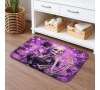 Tappetino da bagno con coppia di scheletri, motivo floreale viola gotico antiscivolo, in memory foam, lavabile, decorazione per bagno, 40,6 x 61 cm