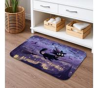 Tappetino da bagno con gatto fantasioso di Halloween, design con manico di scopa viola, tappetino da doccia assorbente, antiscivolo, in flanella medievale, lavabile, tappeto da bagno per bagno, WC