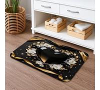Tappetino da bagno con motivo floreale a forma di cuore, ad asciugatura rapida, elegante, con fiori neri e oro, assorbente, antiscivolo, per tutto l'anno, in flanella, lavabile, per bagno, WC, 40,6 x