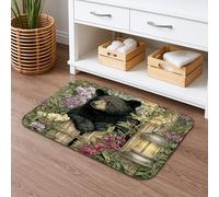 Tappetino da bagno con motivo floreale con orso nero, tappeto da doccia antiscivolo, in memory foam, lavabile, accessori da bagno 50 x 81 cm
