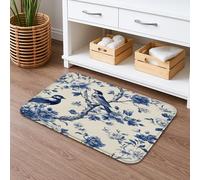 Tappetino da bagno con motivo floreale e uccellino blu, ad asciugatura rapida, assorbente, antiscivolo, in memory foam, lavabile, per bagno, WC, decorativo, 50 x 81 cm