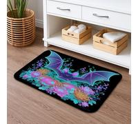 Tappetino da bagno con pipistrello di Halloween, ad asciugatura rapida, con vivaci fiori viola e zucca, assorbente, antiscivolo, in flanella, lavabile, per bagno, WC, 40,6 x 61 cm