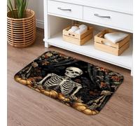 Tappetino da bagno con scheletro di Halloween, ad asciugatura rapida, motivo floreale vintage nero e arancione, assorbente, antiscivolo, in flanella, lavabile, per decorare il bagno, 50 x 81 cm