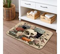 Tappetino da bagno con teschio floreale, ad asciugatura rapida, con fiori scuri e gatti, assorbente, antiscivolo, in flanella, lavabile, per bagno, WC, decorativo, 40,6 x 61 cm