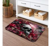 Tappetino da bagno con teschio floreale, ad asciugatura rapida, motivo gotico con rose rosse e piante, assorbente, antiscivolo, in memory foam, lavabile, per bagno, WC, decorativo, 40,6 x 61 cm