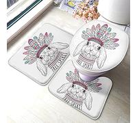 Tappetino da bagno coniglietto Set di 3 pezzi Coniglio pasquale in cuffia etnica bohémien con piume azteche Tappetino da bagno con parole spirituali Tappeto grande Coprisedile copriwater Tappetino a