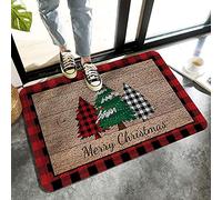 Tappetino da Bagno Merry Christmas Plaid Pine Tree On Retro Wooden Board Tappeti Resistente Zerbini Decorativa Zerbino da Interni per Ufficio Terrazzo Giardino 40X60 CM