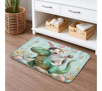 Tappetino da bagno pasquale con simpatico gatto e dinosauro, fantasia floreale, assorbente, antiscivolo, decorativo, in flanella, lavabile, per bagno, WC, 40,6 x 61 cm