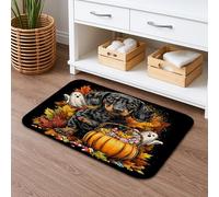 Tappetino da bagno per Halloween, bassotto e zucca, simpatico cane fantasmi con foglie autunnali, assorbente, antiscivolo, tappetino decorativo in memory foam, lavabile, 40,6 x 61 cm