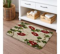Tappetino da bagno romantico floreale ad asciugatura rapida, motivo vintage con labbra rosse e foglie verdi, assorbente, antiscivolo, elegante, in memory foam, lavabile, per bagno, WC, decorativo