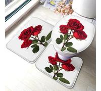 Tappetino da Bagno Set Dark Red Three Beautiful Bouquet Flower White Zerbino Assorbente Tappetini Morbido Set Tappeti Bagno 3 Pezzi per Interno Camera da Letto Cucina