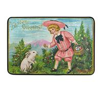 Tappetino da Bagno Vintage Easter Greeting Boy And Bunny Zerbini Impermeabile Tappeti Resistente Zerbino da Interni per Terrazzo Giardino Camera da Letto 40X60 CM