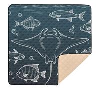 Tappetino da ginnastica e attività subacquea con disegno a linea di pesce, colore bianco e blu scuro, grande, elegante, per interni ed esterni, 1 pezzo, per bambini, 127 x 127 cm