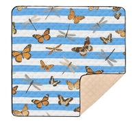 Tappetino da gioco per bambini con farfalle e libellule a righe blu e bianche, per interni ed esterni, lavabile, pieghevole, imbottito, per neonati, 127 x 127 cm