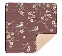 Tappetino da gioco per bambini, con piccoli fiori e uccelli, colore: bordeaux, grande, elegante, comodo tappetino imbottito per bambini, 127 x 127 cm
