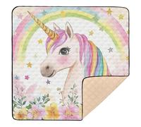 Tappetino da gioco per bambini con unicorni e fiori arcobaleno, grande, antiscivolo, per interni ed esterni, atossico, per la pancia, per neonati e bambini, 127 x 127 cm