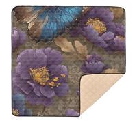 Tappetino da gioco pieghevole con farfalle blu su fiori viola, per interni ed esterni, non tossico, per bambini, 127 x 127 cm