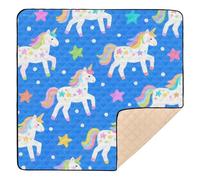 Tappetino da gioco pieghevole per bambini, impermeabile, imbottito, con simpatici unicorni, colore blu brillante, 127 x 127 cm
